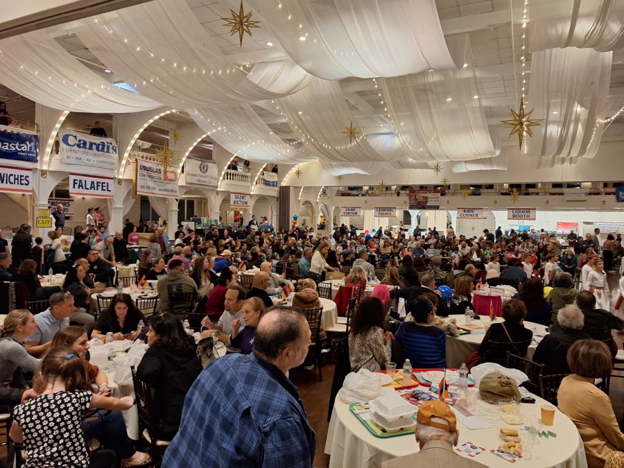 The full ballroom under draped ceilings
